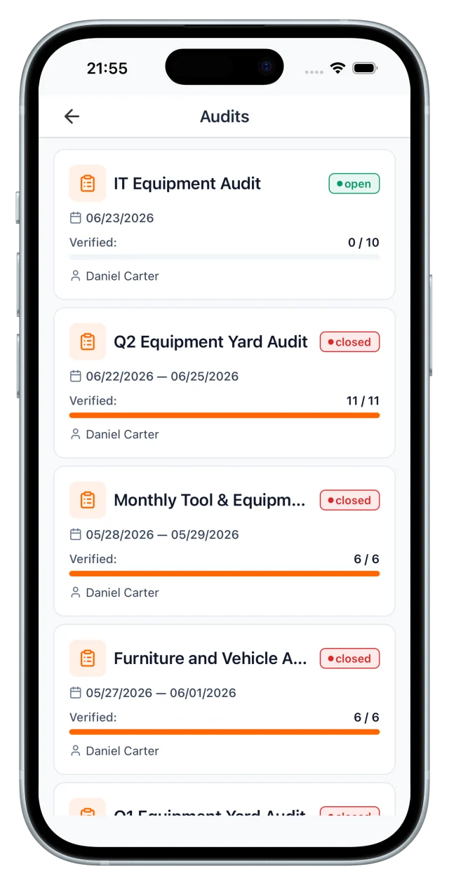 UNIO24 mobile app inventory audit — list of audit sessions with progress on a phone