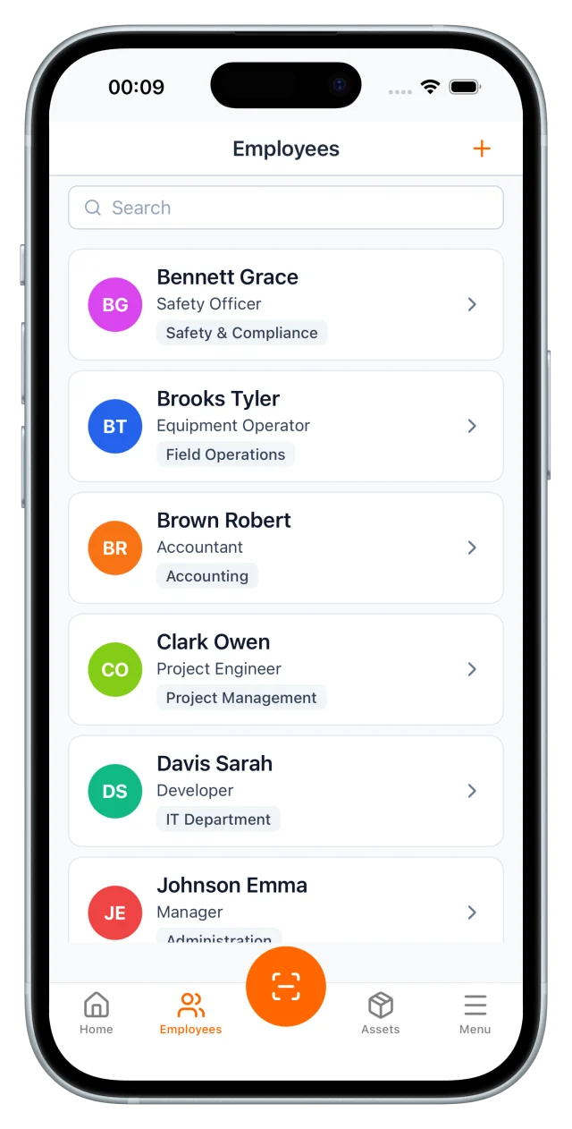 Mobile employee directory: Safety Officer, Equipment Operator, Accountant and others with role and department badges
