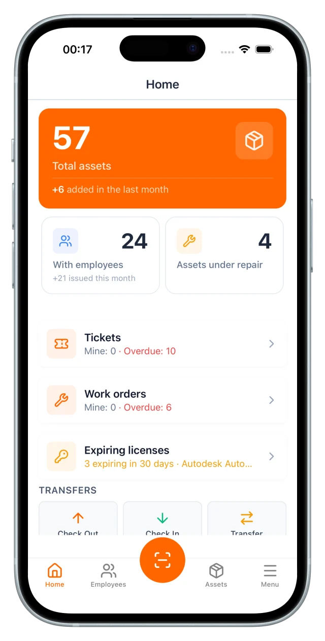 UNIO24 mobile app home screen: total assets, assets with employees, tickets, work orders and quick check-in / check-out actions