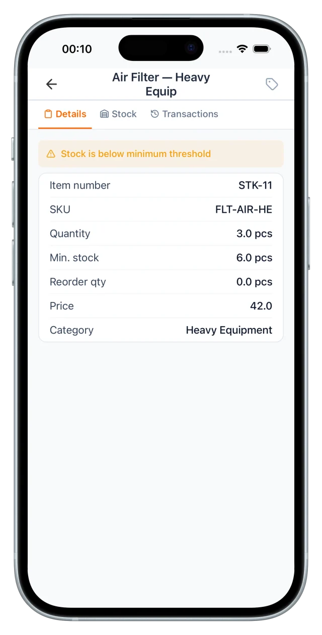 Inventory item detail for an air filter below its minimum threshold: item number, SKU, quantity, reorder qty and price