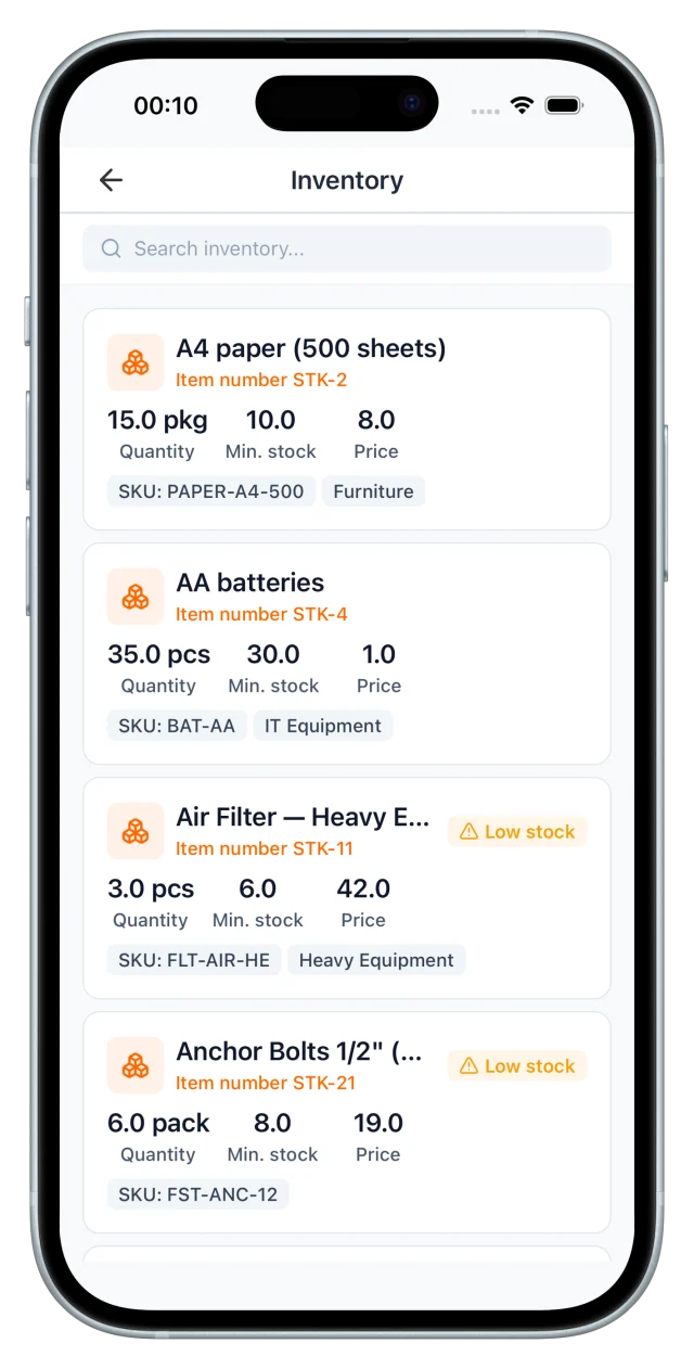 Inventory list: consumable stock items with quantity, minimum stock, price and low-stock warnings