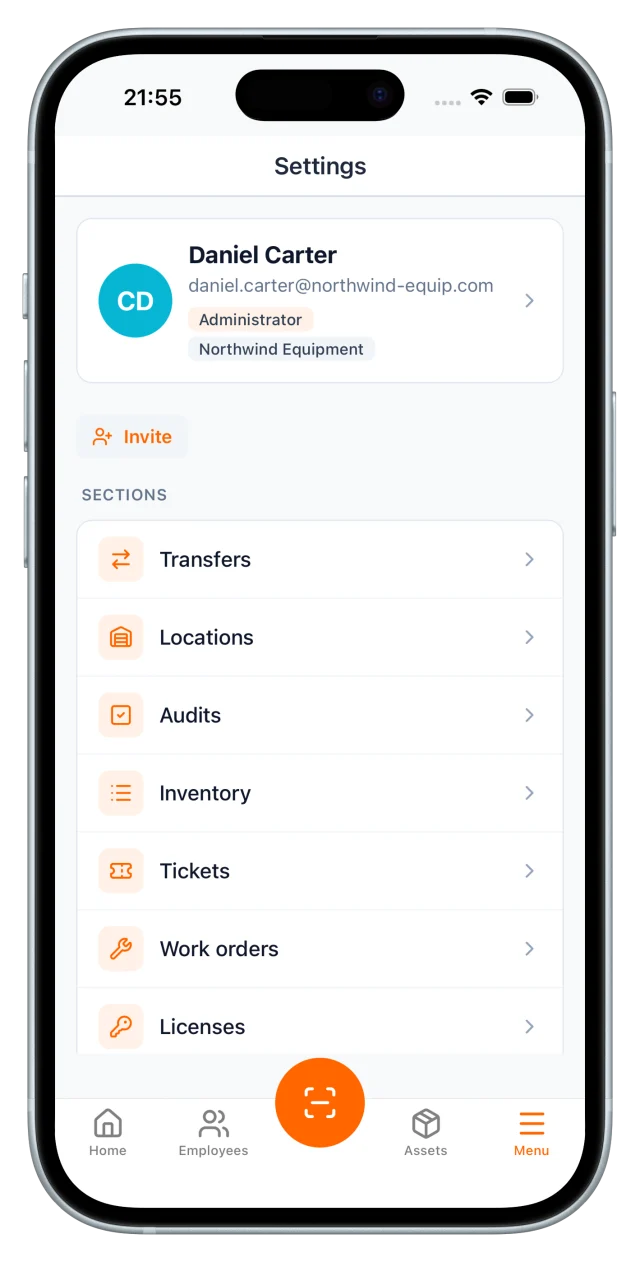 Mobile menu: account profile plus sections for Transfers, Locations, Audits, Inventory, Tickets, Work orders and Licenses