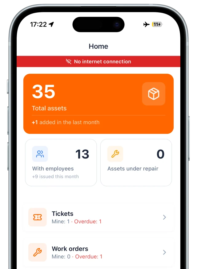 UNIO24Mobile home screen in airplane mode with a red "No internet connection" banner: total assets, assets with employees, assets under repair, tickets and work orders all still loaded and usable offline