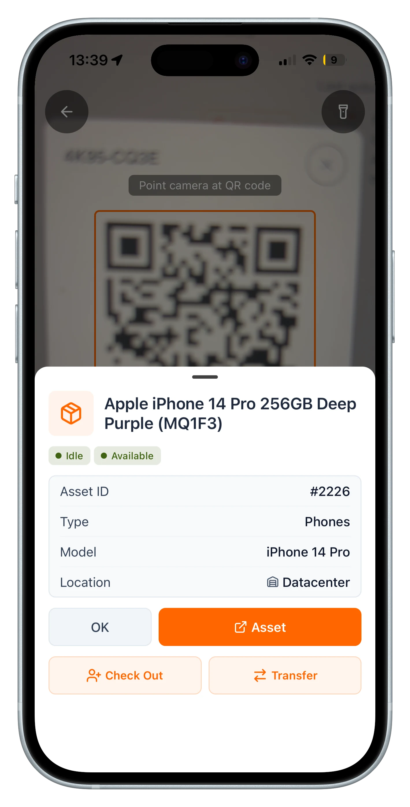 UNIO24 mobile app after scanning a QR tag — the asset card opens with Check Out and Transfer actions
