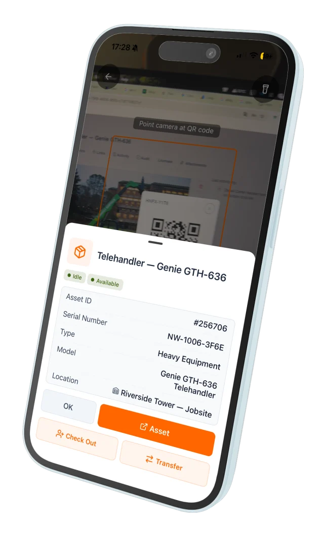UNIO24Mobile scanning a QR tag: the asset card for a Genie GTH-636 telehandler slides up over the camera view with status, serial, location and Check Out / Transfer actions