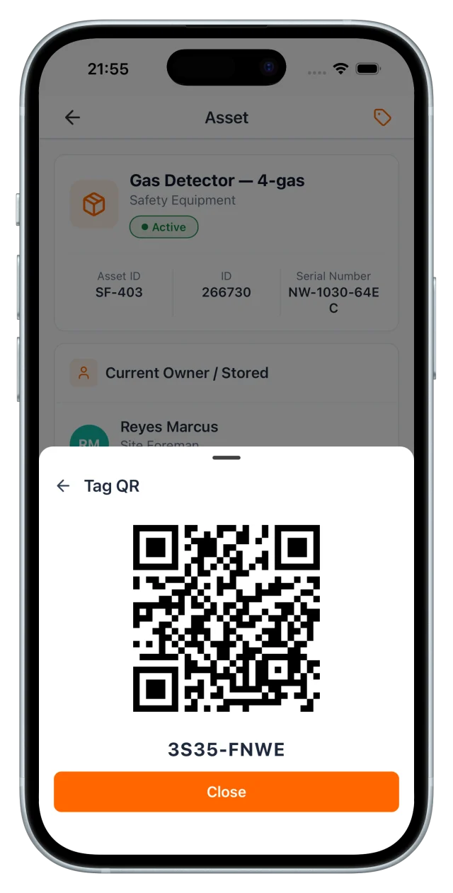 Asset detail for a 4-gas detector with its QR tag sheet open, scannable code 3S35-FNWE for printing a label