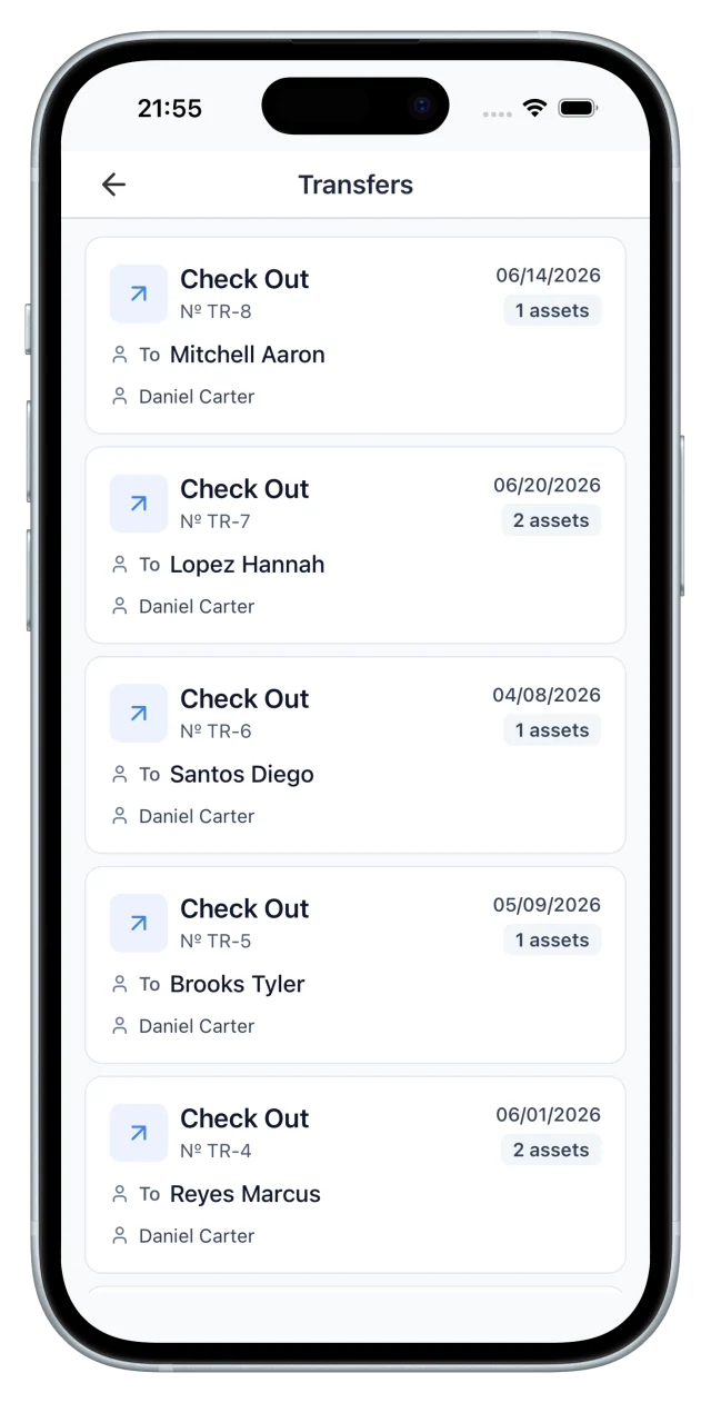 Transfers list: check-out records to named employees with dates and asset counts
