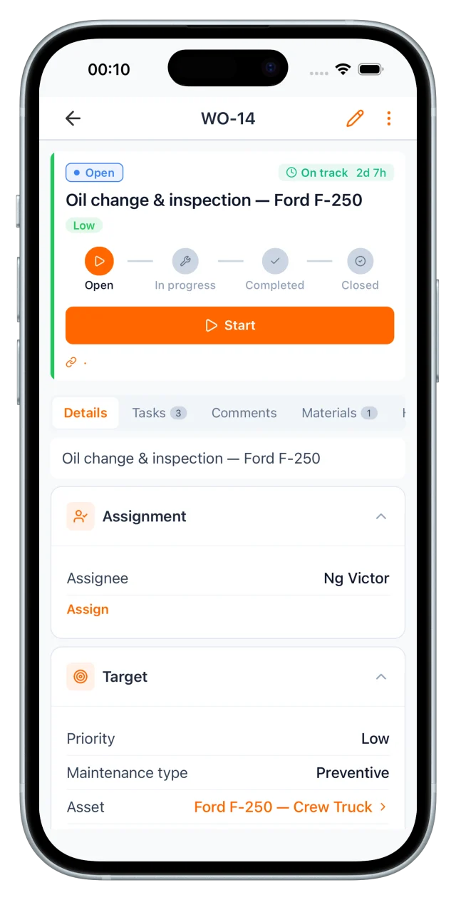 Work order WO-14 detail: Open → In progress → Completed → Closed status flow with assignee, priority and target asset
