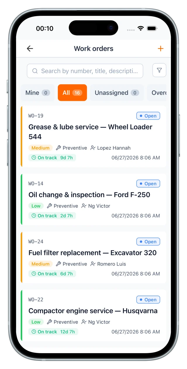 Work orders list: preventive maintenance jobs with priority, assignee and on-track countdowns