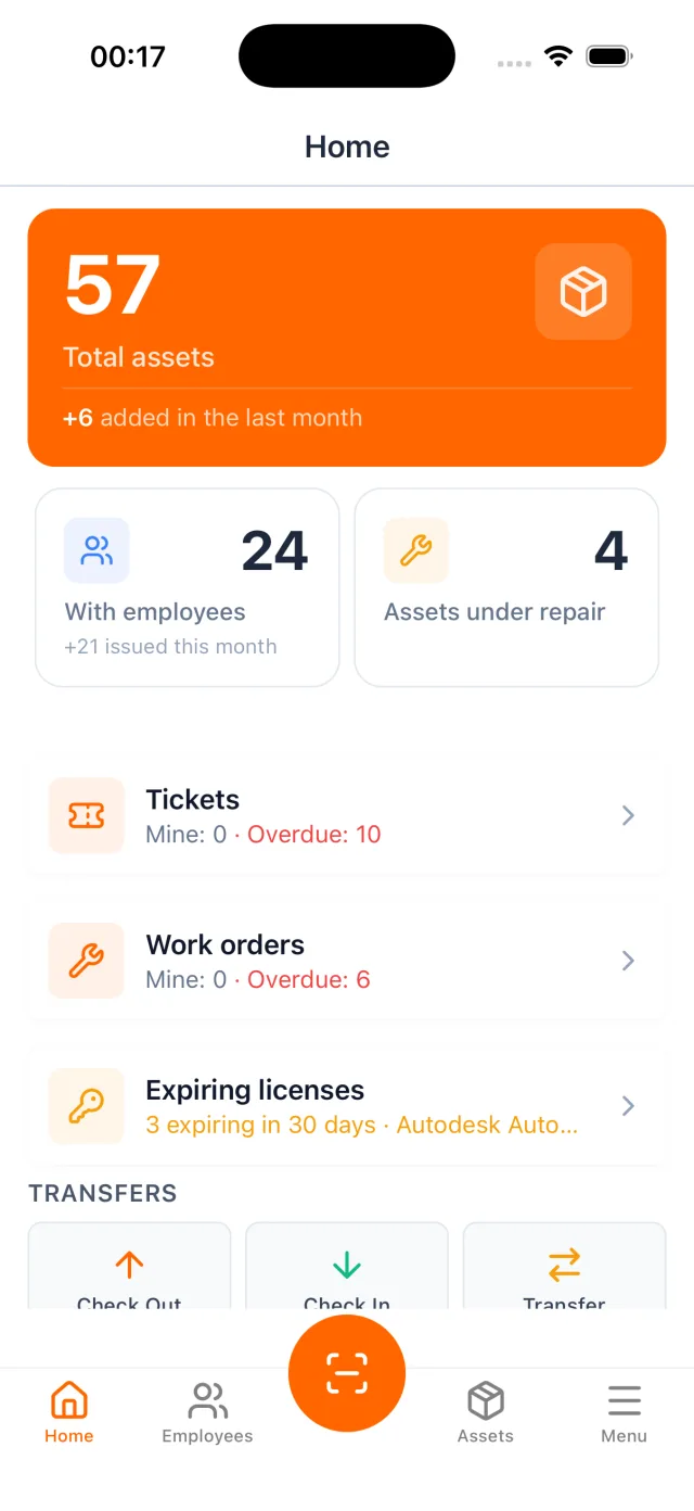 UNIO24 mobile app home screen: total assets, assets with employees and under repair, ticket and work-order counts, and check-in/check-out transfer actions