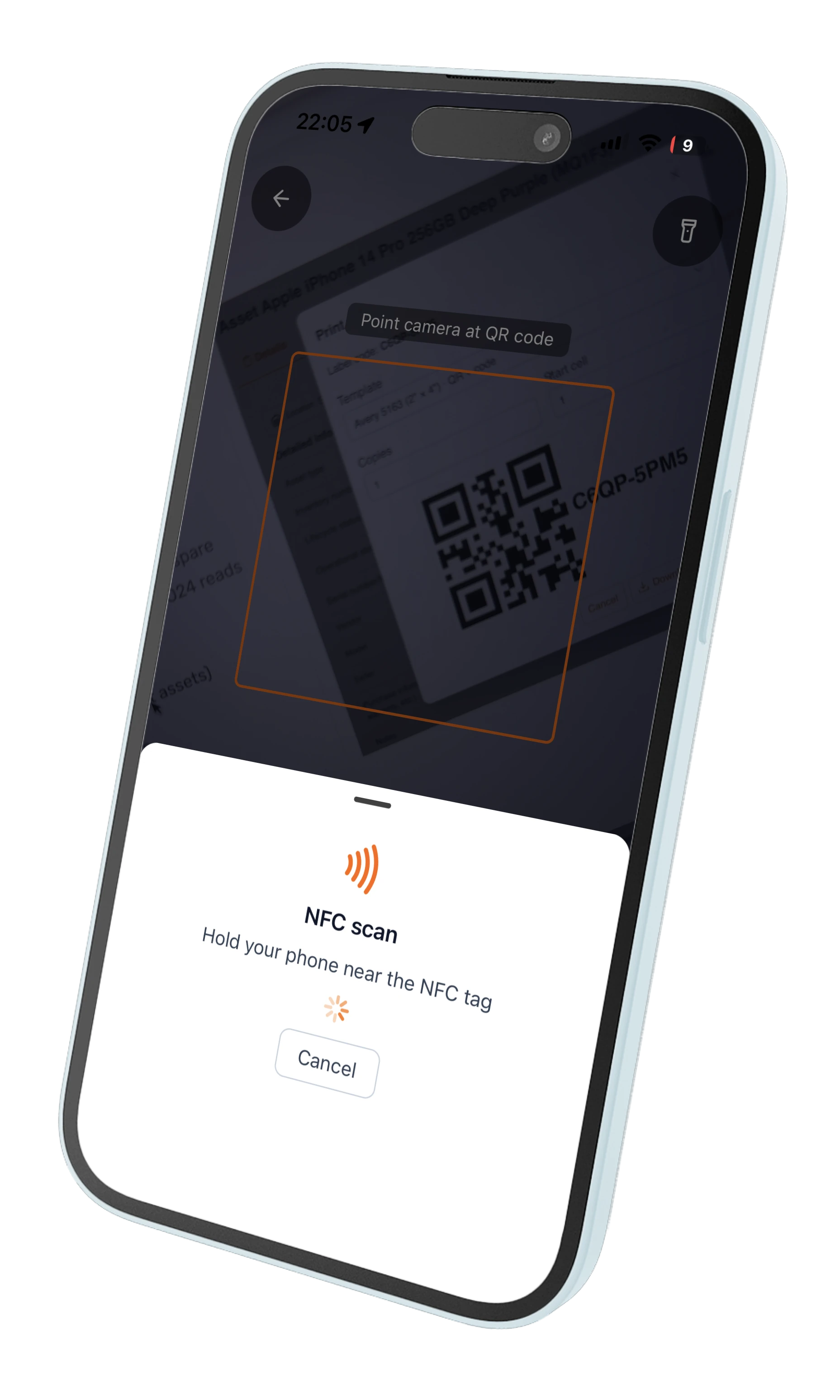 UNIO24 mobile app scanning a QR code, with the NFC-scan prompt ready