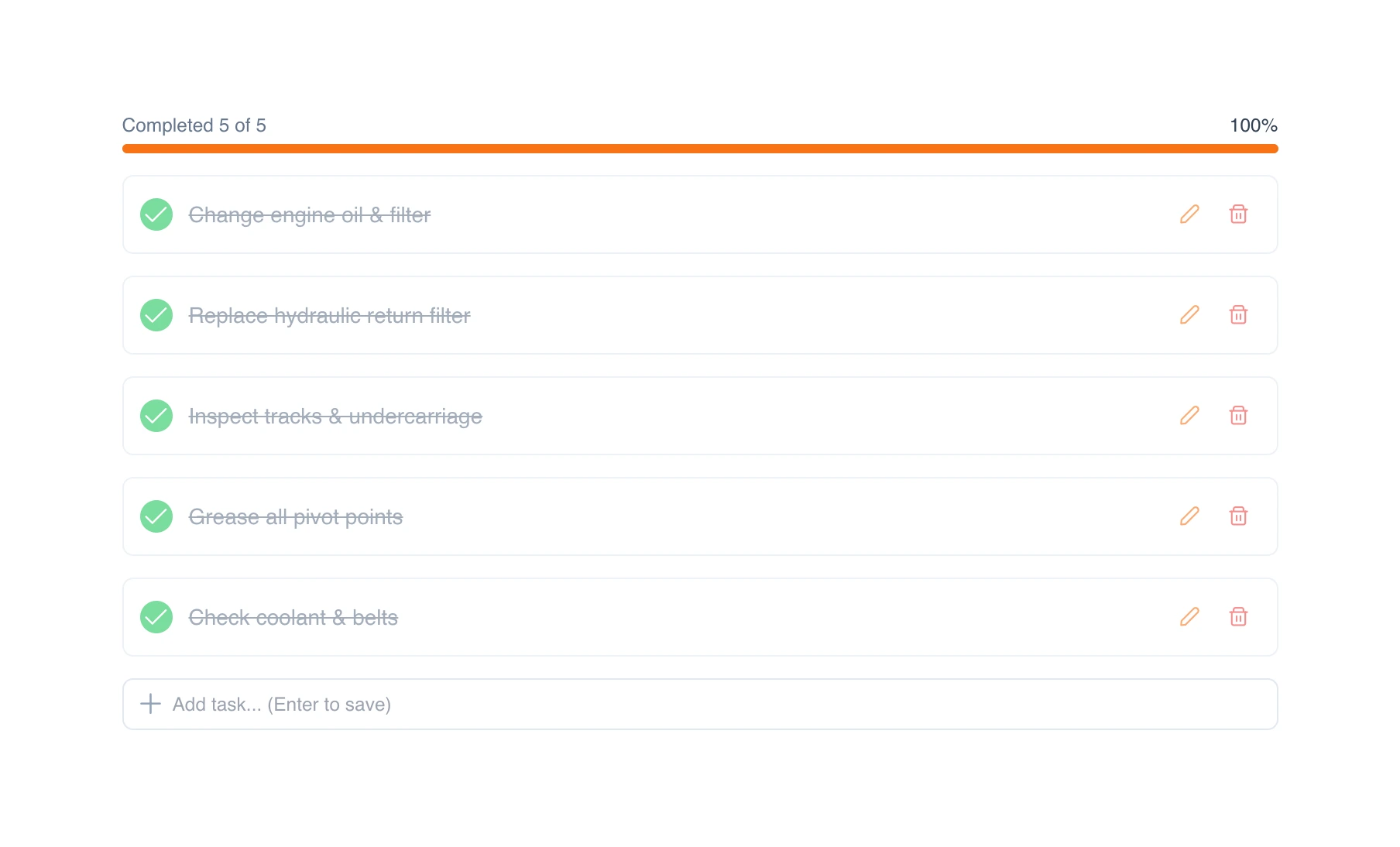 Work-order task checklist with step-by-step completion and progress