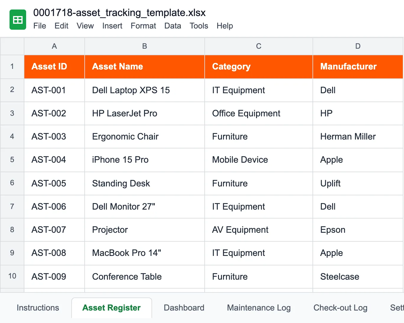 Preview of the asset tracking spreadsheet template: the Asset Register with Asset ID, Asset Name, Category and Manufacturer columns
