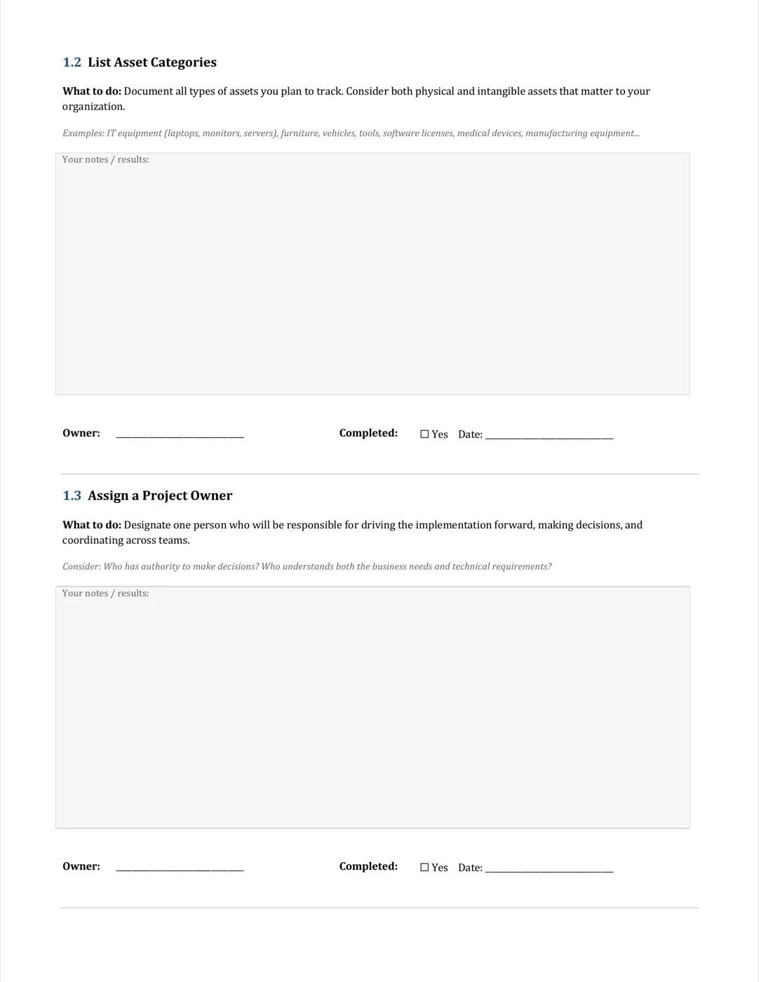Page 2: Phase 1 — List asset categories and assign project owner