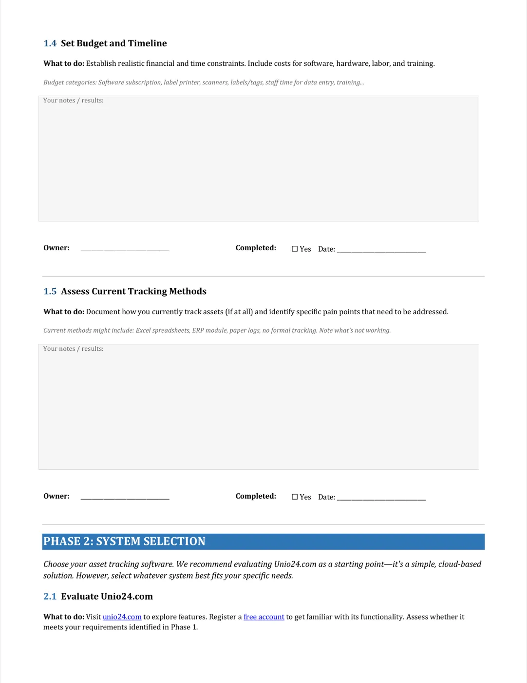 Page 3: Phase 1 — Budget, timeline, and current tracking methods