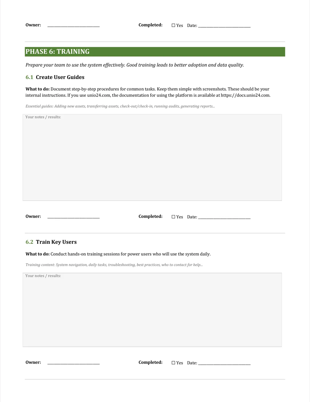 Page 13: Phase 6 — User training