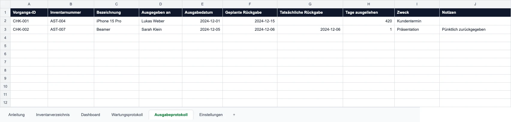 Blatt Ausgabeprotokoll mit Ausgabedatum, geplanter und tatsächlicher Rückgabe