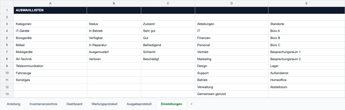 Blatt Einstellungen mit den Listen Kategorien, Status, Zustand, Abteilungen und Standorte