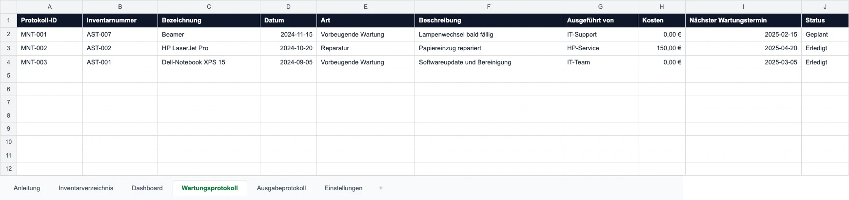 Blatt Wartungsprotokoll mit Art, Kosten und nächstem Wartungstermin