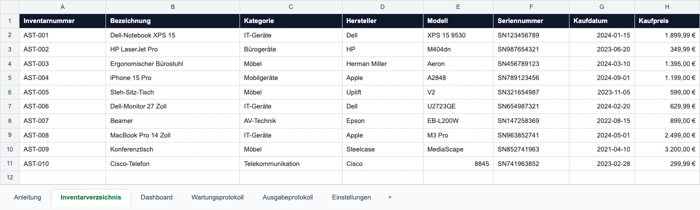 Inventarverzeichnis der IT-Inventarliste – Inventarnummer, Bezeichnung, Kategorie, Hersteller, Modell, Seriennummer, Kaufdatum und Kaufpreis, mit Notebooks, Monitoren und Handys als Beispielen