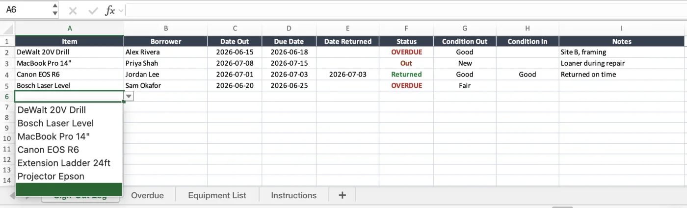 Preview of the equipment sign-out sheet with borrower, date out, due date, and return columns