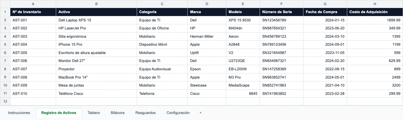 Registro del formato de herramientas — número, nombre, categoría, marca, modelo y número de serie