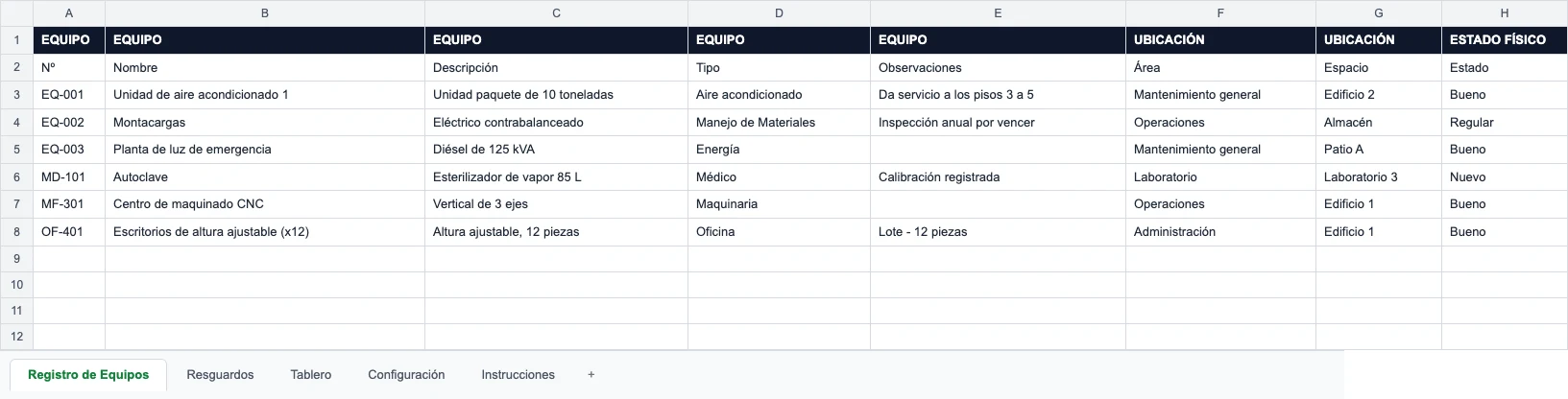 Registro de equipos del formato — columnas agrupadas en Equipo, Ubicación, Estado Físico y Situación Financiera