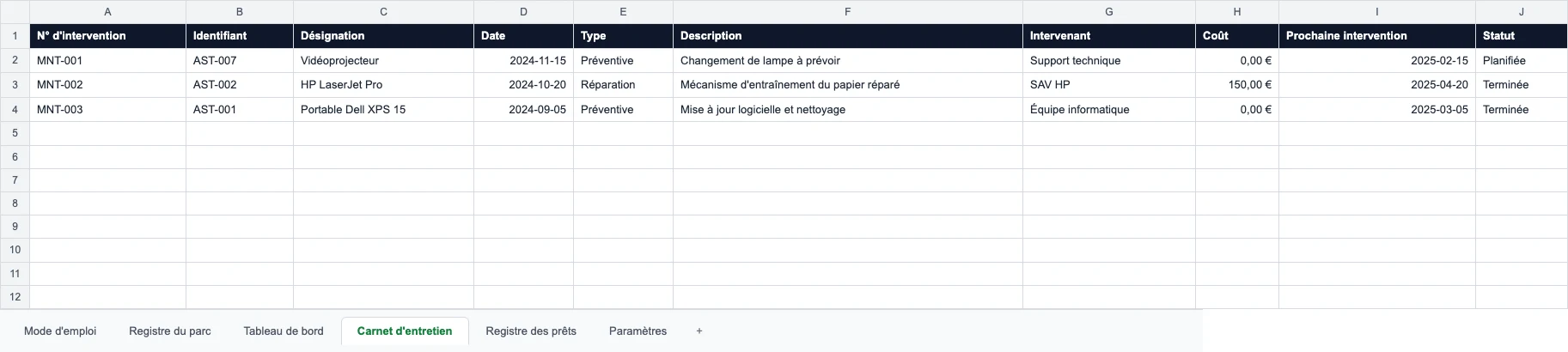 Feuille Carnet d'entretien avec le type, le coût et la prochaine intervention
