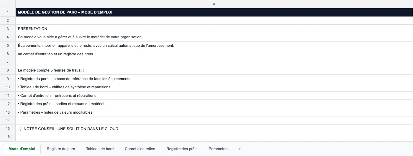 Feuille Mode d'emploi avec la présentation des feuilles du classeur