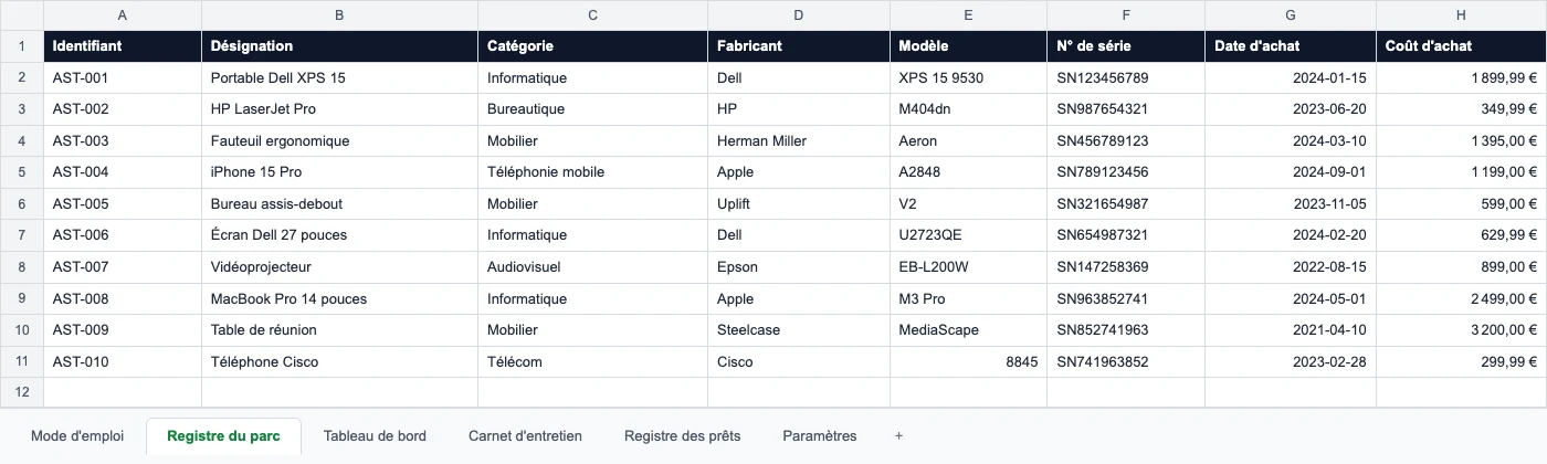 Registre du parc du modèle d'inventaire informatique : colonnes Identifiant, Désignation, Catégorie, Fabricant, Modèle, N° de série, Date d'achat et Coût d'achat, avec des portables, des écrans et des téléphones en exemple