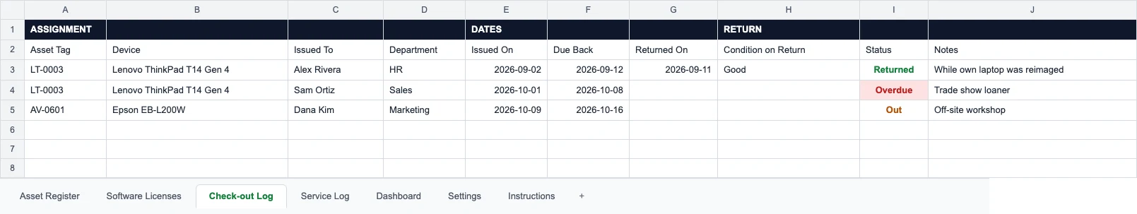 Check-out Log sheet with Out, Overdue and Returned statuses