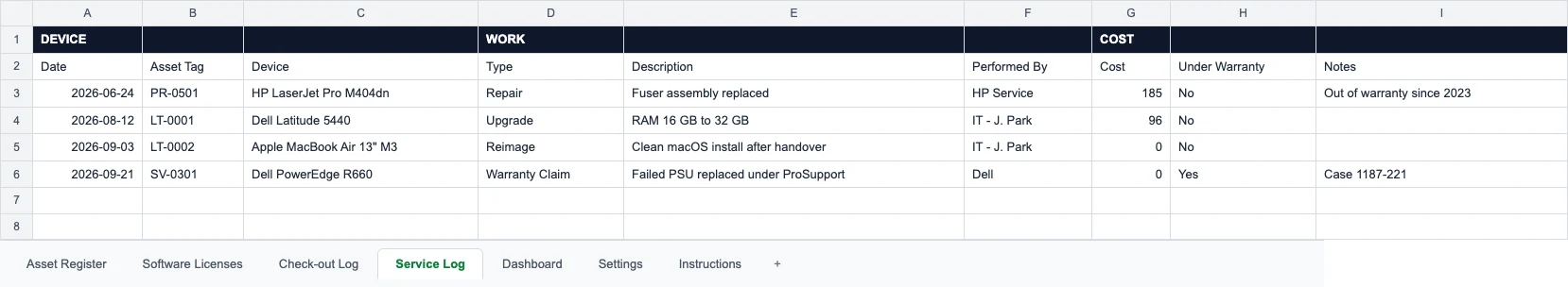 Service Log sheet with repairs, upgrades and a warranty claim