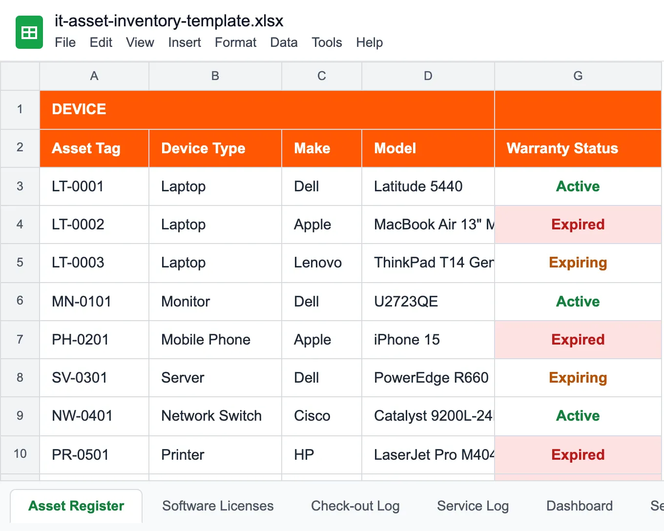 IT asset inventory template - Asset Register with asset tag, device type, make, model and a Warranty Status column showing Active, Expiring and Expired