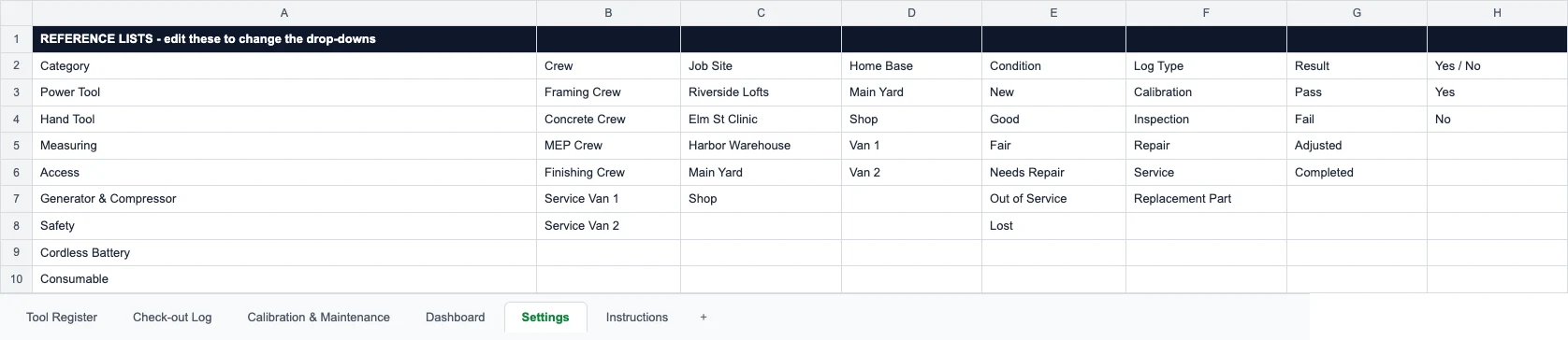 Settings sheet with categories, crews, job sites and conditions