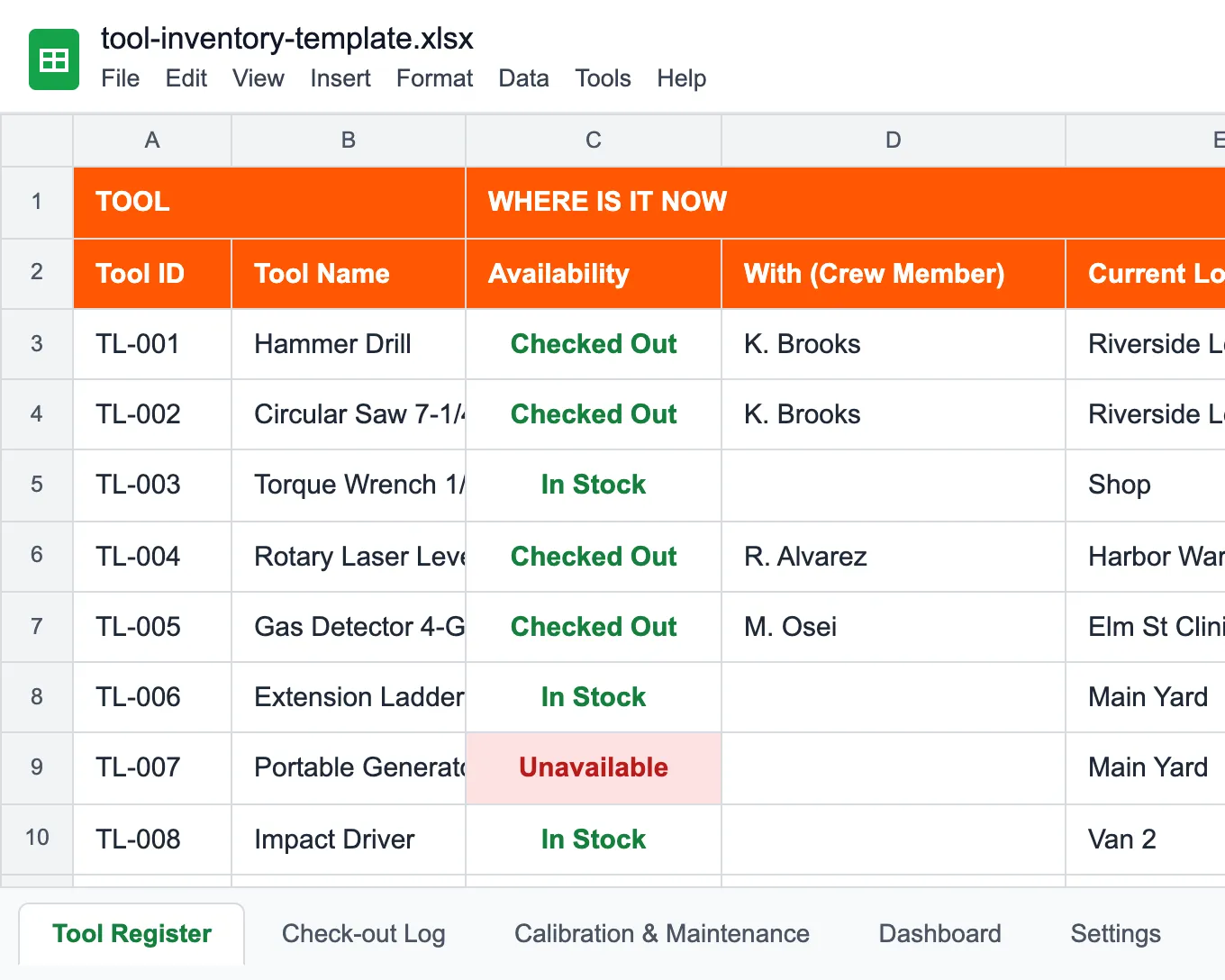 Tool inventory template - Tool Register showing each tool with Availability, the crew member who has it and its current location