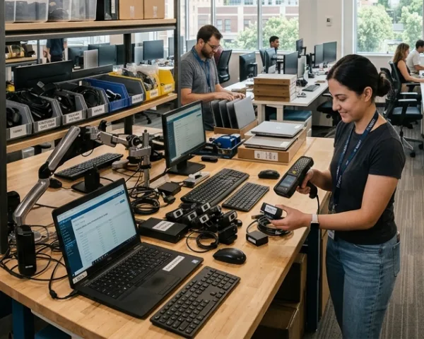 IT staff scanning office equipment with a handheld terminal to track physical location and custody